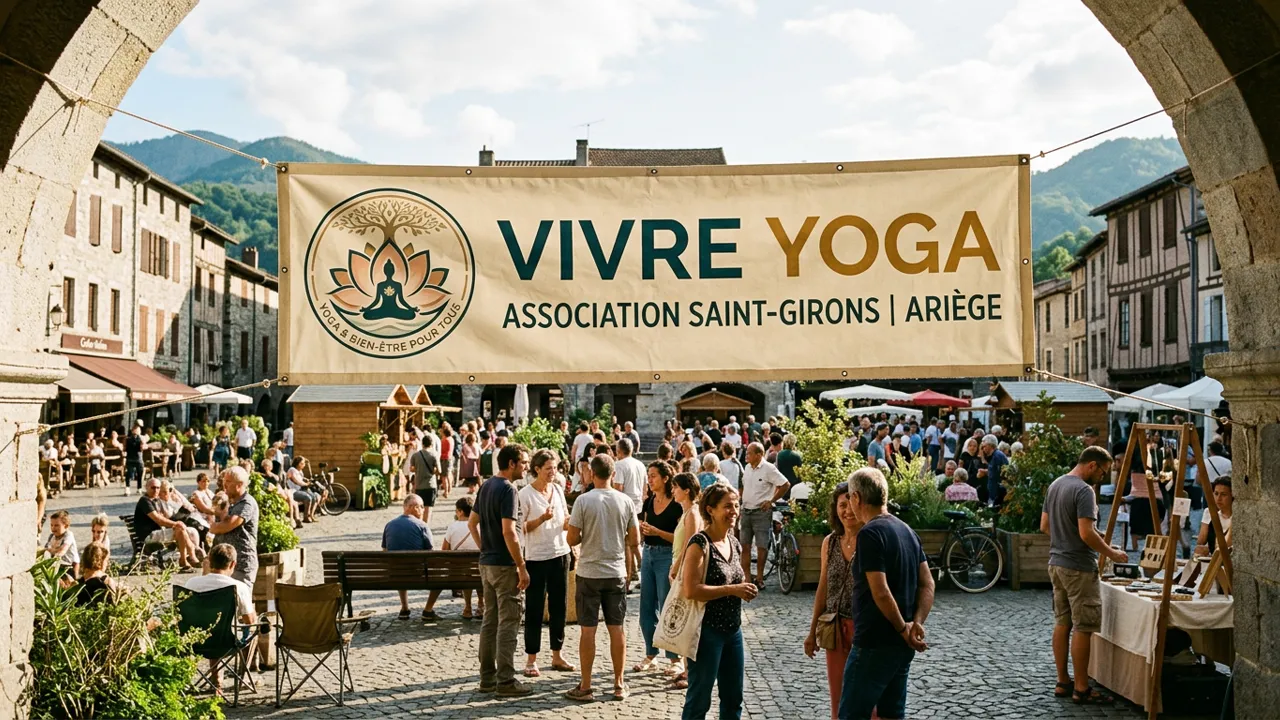 Bannière officielle de l'Association Vivre Yoga lors d'une rencontre citoyenne en Ariège